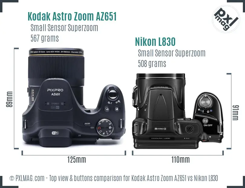 Kodak Astro Zoom AZ651 vs Nikon L830 top view buttons comparison