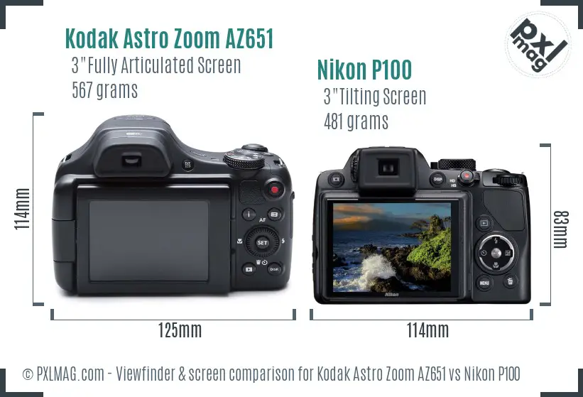 Kodak Astro Zoom AZ651 vs Nikon P100 Screen and Viewfinder comparison