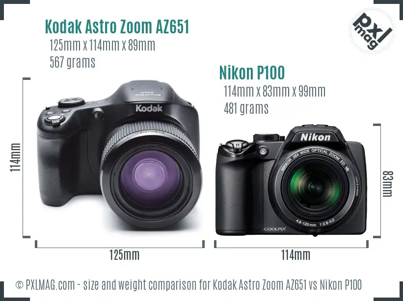 Kodak Astro Zoom AZ651 vs Nikon P100 size comparison