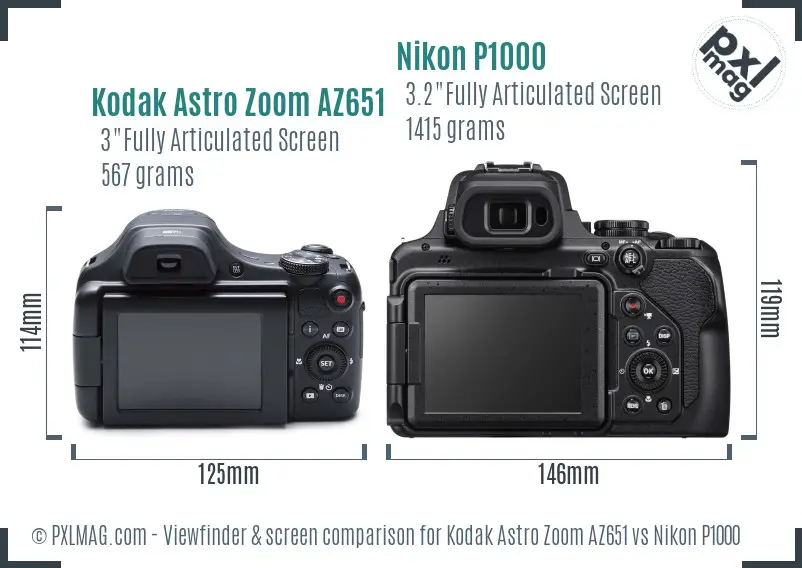 Kodak Astro Zoom AZ651 vs Nikon P1000 Screen and Viewfinder comparison