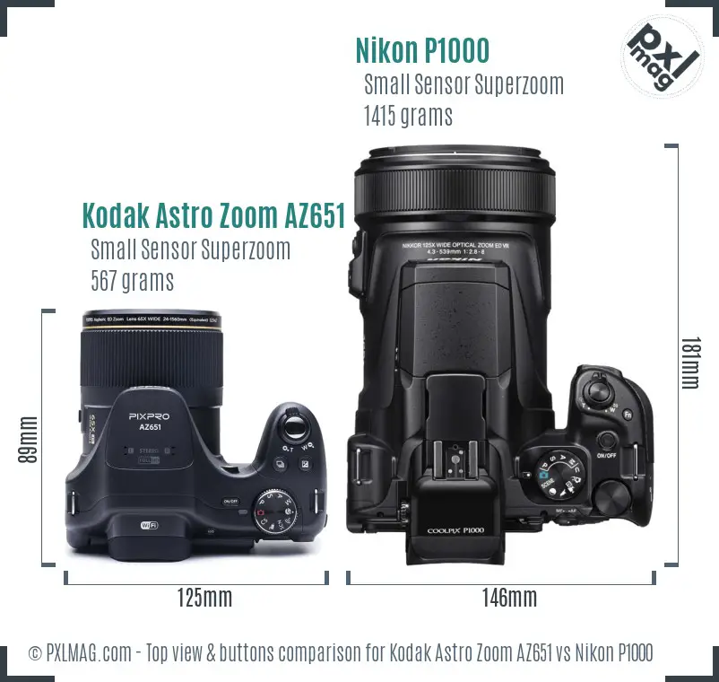 Kodak Astro Zoom AZ651 vs Nikon P1000 top view buttons comparison
