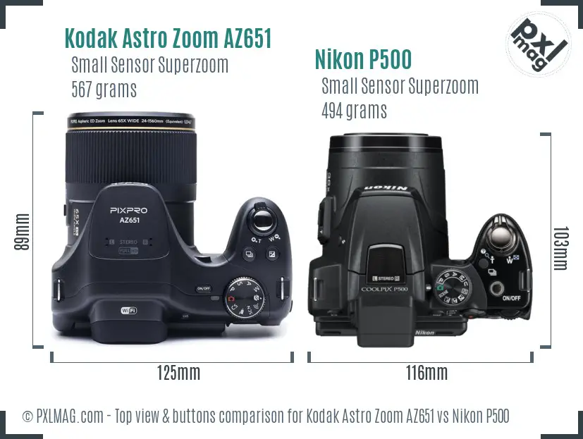Kodak Astro Zoom AZ651 vs Nikon P500 top view buttons comparison Kodak Astro Zoom AZ651 vs Nikon P500 top view buttons comparison