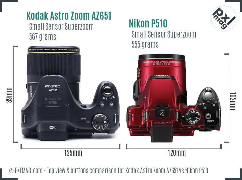 Kodak Astro Zoom AZ651 vs Nikon P510 top view buttons comparison