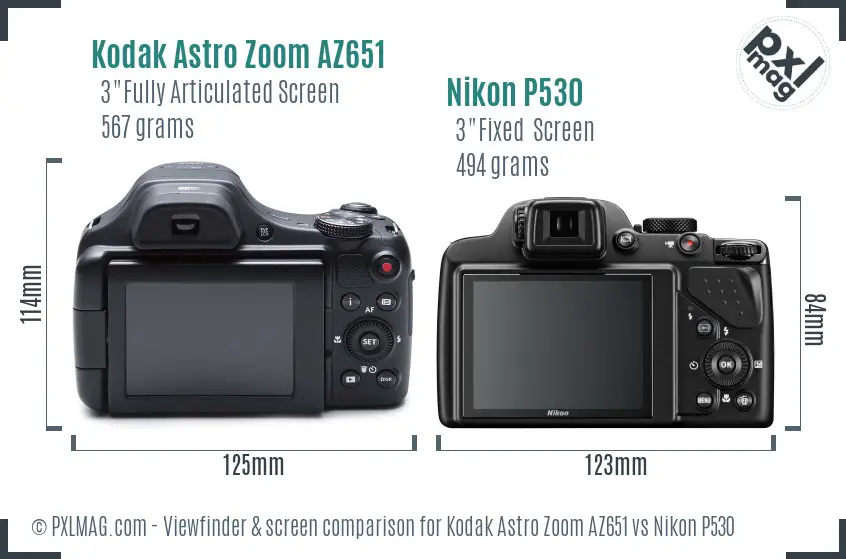 Kodak Astro Zoom AZ651 vs Nikon P530 Screen and Viewfinder comparison