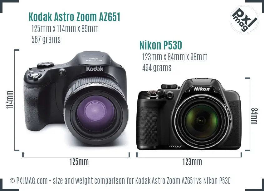 Kodak Astro Zoom AZ651 vs Nikon P530 size comparison