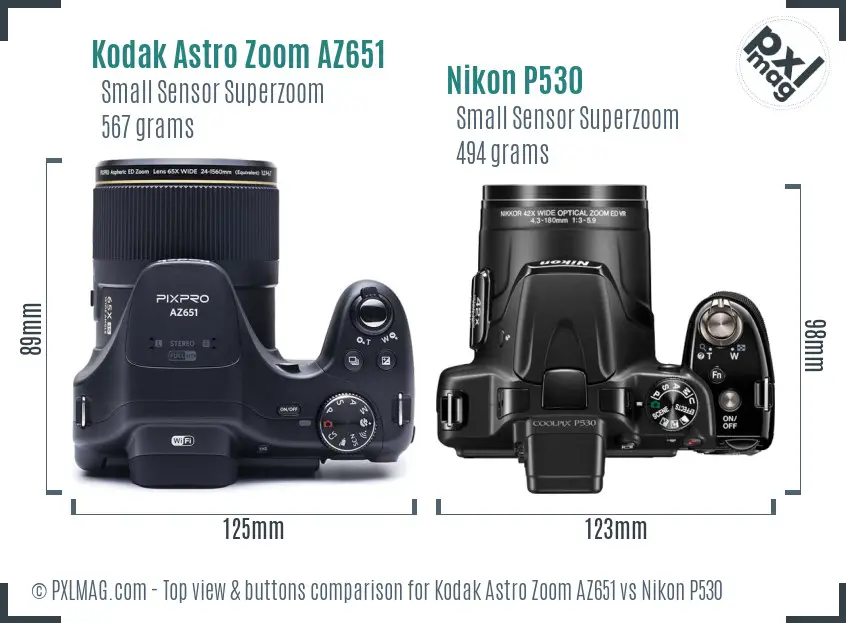 Kodak Astro Zoom AZ651 vs Nikon P530 top view buttons comparison