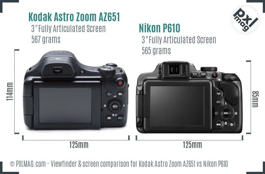Kodak Astro Zoom AZ651 vs Nikon P610 Screen and Viewfinder comparison