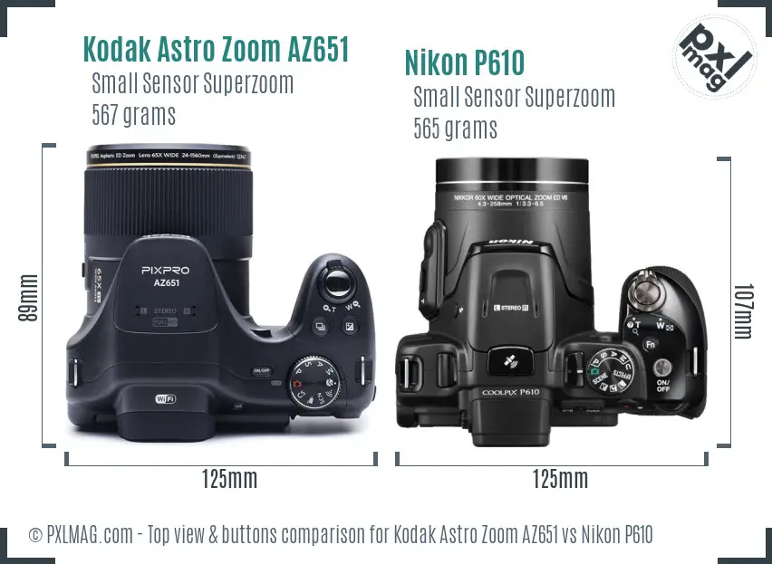 Kodak Astro Zoom AZ651 vs Nikon P610 top view buttons comparison