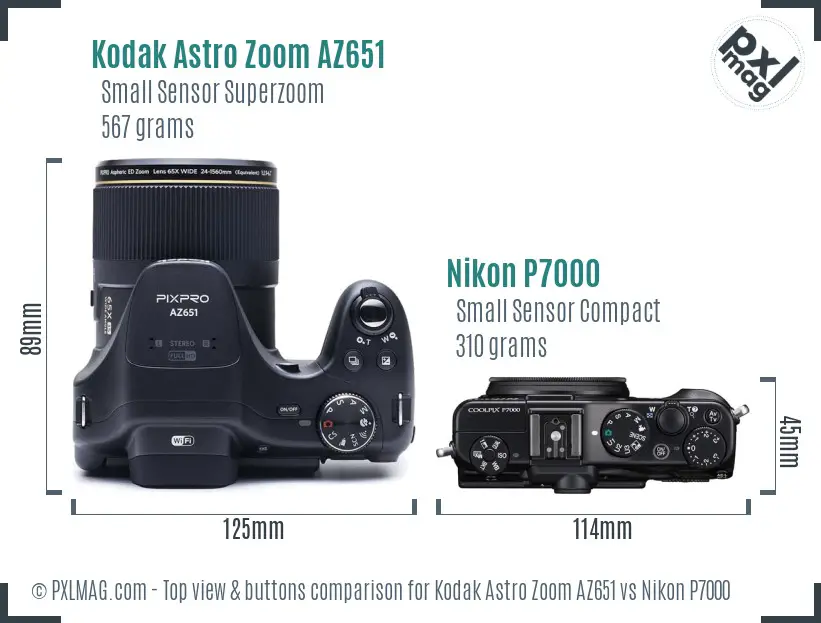 Kodak Astro Zoom AZ651 vs Nikon P7000 top view buttons comparison Kodak Astro Zoom AZ651 vs Nikon P7000 top view buttons comparison