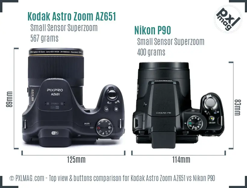 Kodak Astro Zoom AZ651 vs Nikon P90 top view buttons comparison Kodak Astro Zoom AZ651 vs Nikon P90 top view buttons comparison