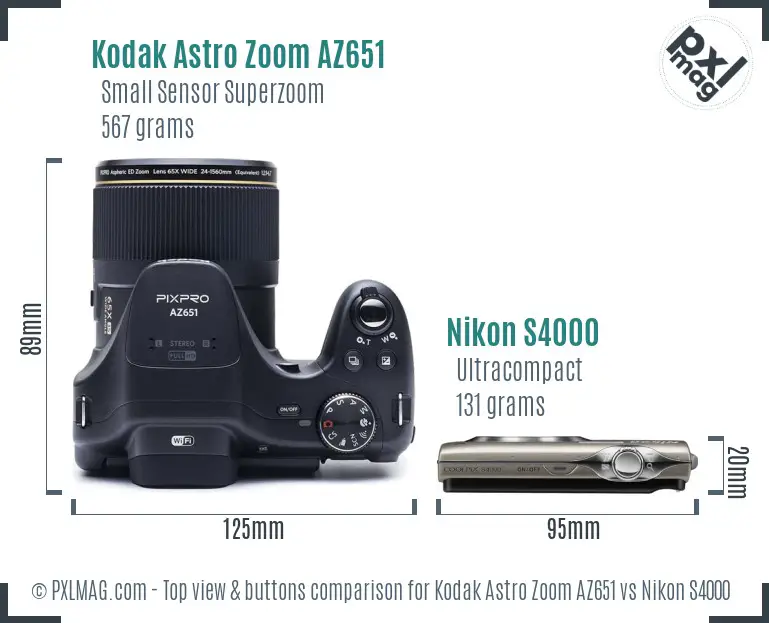 Kodak Astro Zoom AZ651 vs Nikon S4000 top view buttons comparison