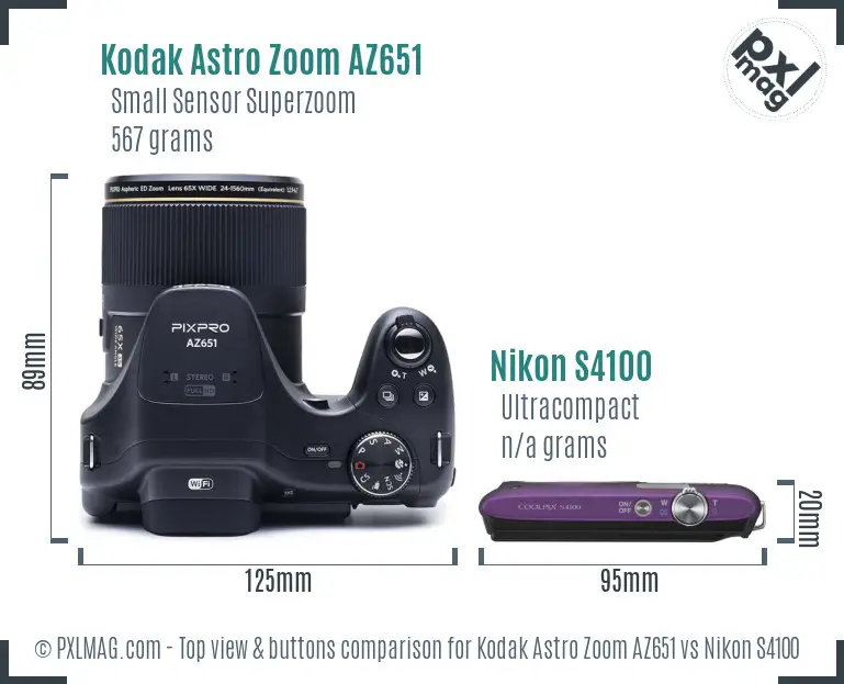 Kodak Astro Zoom AZ651 vs Nikon S4100 top view buttons comparison