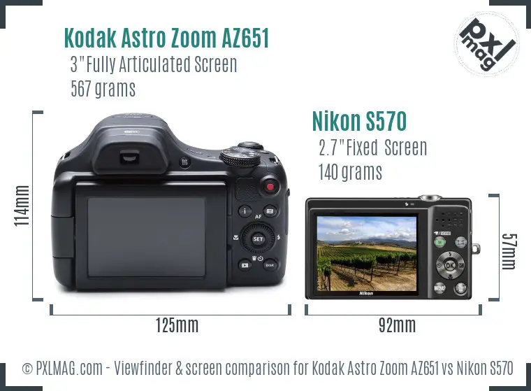 Kodak Astro Zoom AZ651 vs Nikon S570 Screen and Viewfinder comparison