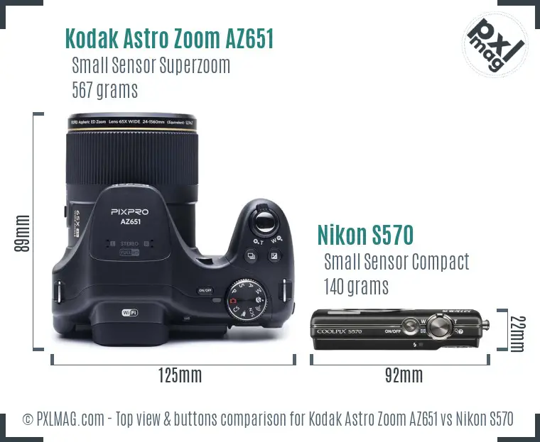 Kodak Astro Zoom AZ651 vs Nikon S570 top view buttons comparison