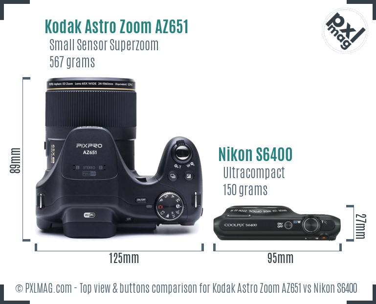 Kodak Astro Zoom AZ651 vs Nikon S6400 top view buttons comparison