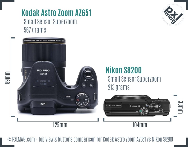 Kodak Astro Zoom AZ651 vs Nikon S8200 top view buttons comparison