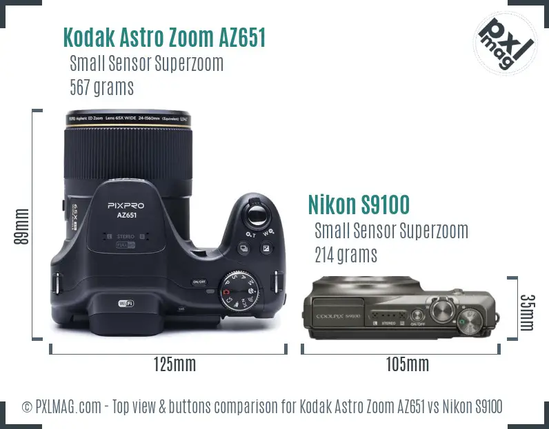 Kodak Astro Zoom AZ651 vs Nikon S9100 top view buttons comparison