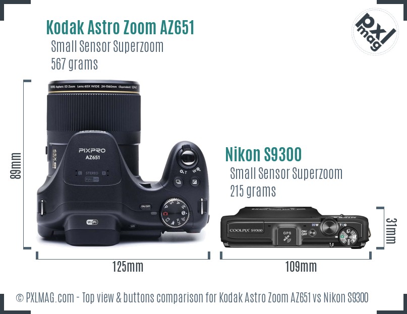 Kodak Astro Zoom AZ651 vs Nikon S9300 top view buttons comparison