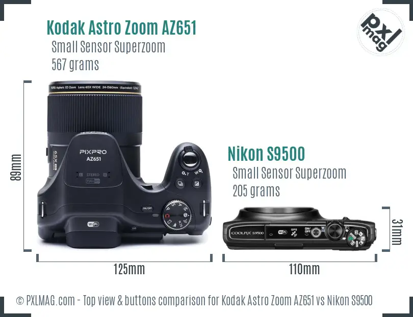Kodak Astro Zoom AZ651 vs Nikon S9500 top view buttons comparison Kodak Astro Zoom AZ651 vs Nikon S9500 top view buttons comparison