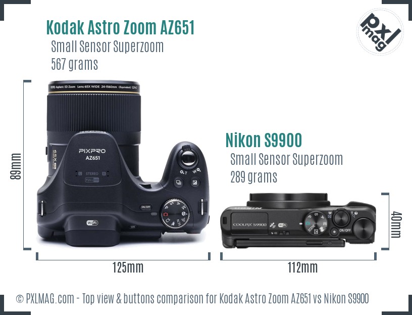 Kodak Astro Zoom AZ651 vs Nikon S9900 top view buttons comparison