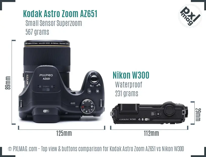 Kodak Astro Zoom AZ651 vs Nikon W300 top view buttons comparison