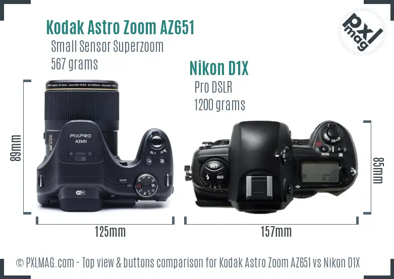 Kodak Astro Zoom AZ651 vs Nikon D1X top view buttons comparison Kodak Astro Zoom AZ651 vs Nikon D1X top view buttons comparison