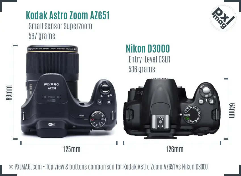 Kodak Astro Zoom AZ651 vs Nikon D3000 top view buttons comparison Kodak Astro Zoom AZ651 vs Nikon D3000 top view buttons comparison