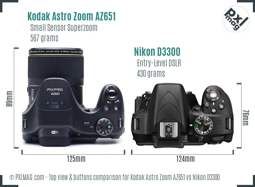 Kodak Astro Zoom AZ651 vs Nikon D3300 top view buttons comparison Kodak Astro Zoom AZ651 vs Nikon D3300 top view buttons comparison