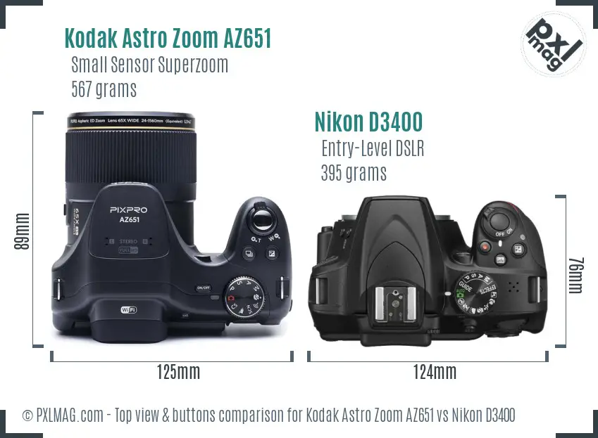 Kodak Astro Zoom AZ651 vs Nikon D3400 top view buttons comparison Kodak Astro Zoom AZ651 vs Nikon D3400 top view buttons comparison