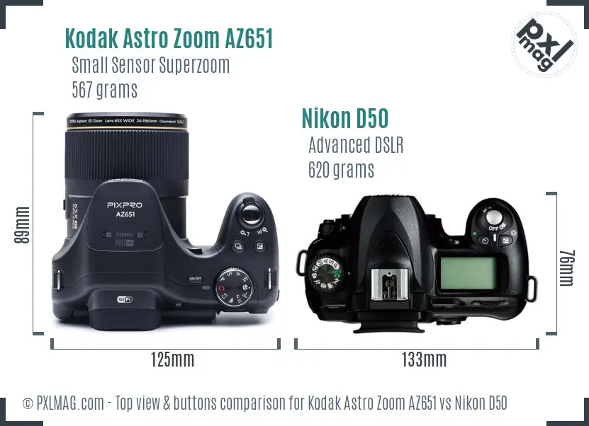 Kodak Astro Zoom AZ651 vs Nikon D50 top view buttons comparison