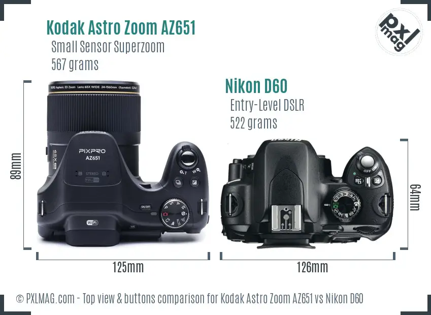 Kodak Astro Zoom AZ651 vs Nikon D60 top view buttons comparison Kodak Astro Zoom AZ651 vs Nikon D60 top view buttons comparison
