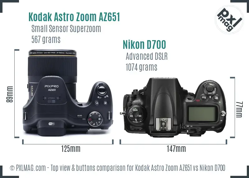 Kodak Astro Zoom AZ651 vs Nikon D700 top view buttons comparison Kodak Astro Zoom AZ651 vs Nikon D700 top view buttons comparison