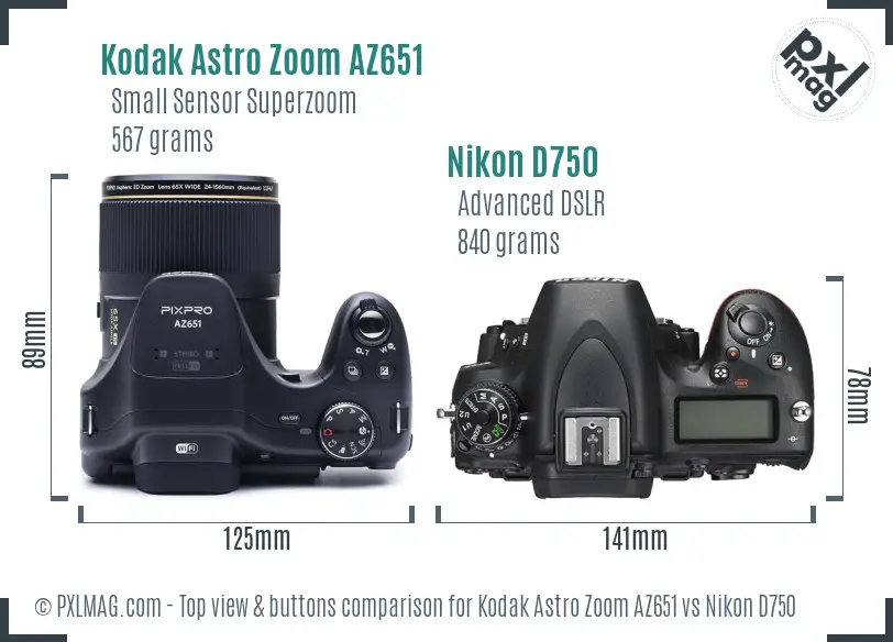 Kodak Astro Zoom AZ651 vs Nikon D750 top view buttons comparison Kodak Astro Zoom AZ651 vs Nikon D750 top view buttons comparison