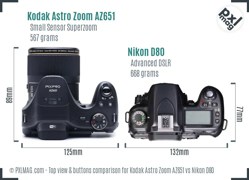 Kodak Astro Zoom AZ651 vs Nikon D80 top view buttons comparison Kodak Astro Zoom AZ651 vs Nikon D80 top view buttons comparison
