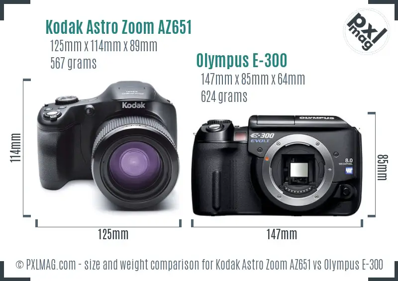 Kodak Astro Zoom AZ651 vs Olympus E-300 size comparison