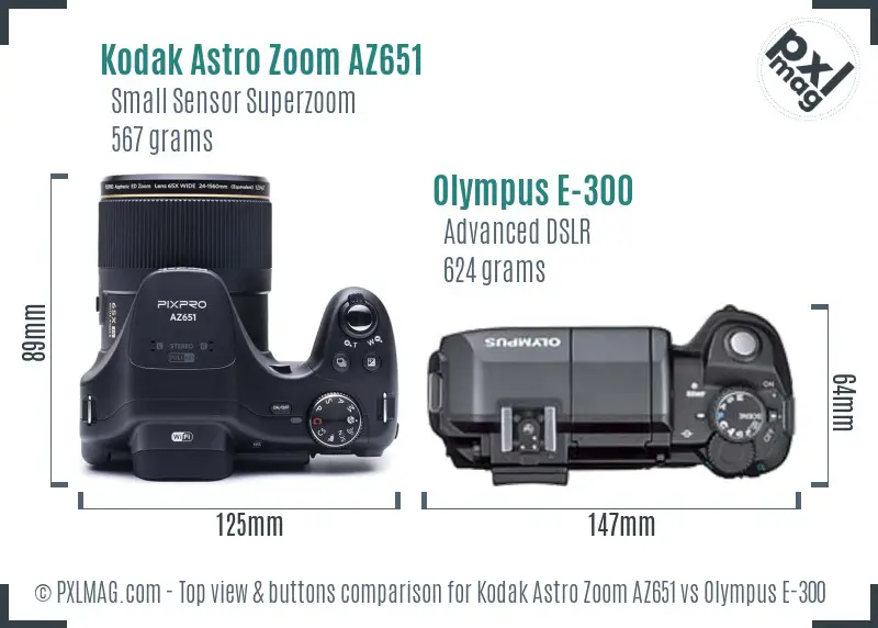 Kodak Astro Zoom AZ651 vs Olympus E-300 top view buttons comparison