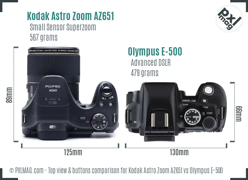 Kodak Astro Zoom AZ651 vs Olympus E-500 top view buttons comparison Kodak Astro Zoom AZ651 vs Olympus E-500 top view buttons comparison