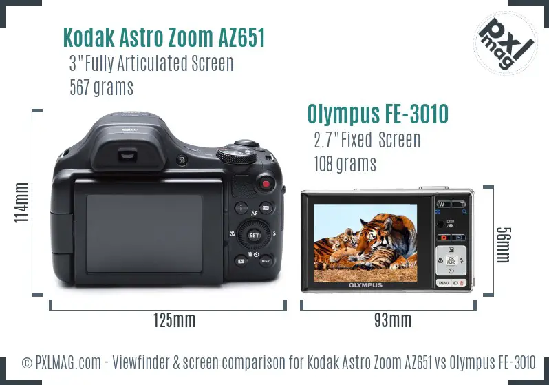Kodak Astro Zoom AZ651 vs Olympus FE-3010 Screen and Viewfinder comparison