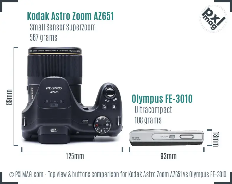 Kodak Astro Zoom AZ651 vs Olympus FE-3010 top view buttons comparison