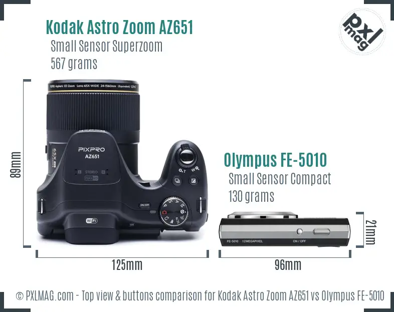 Kodak Astro Zoom AZ651 vs Olympus FE-5010 top view buttons comparison
