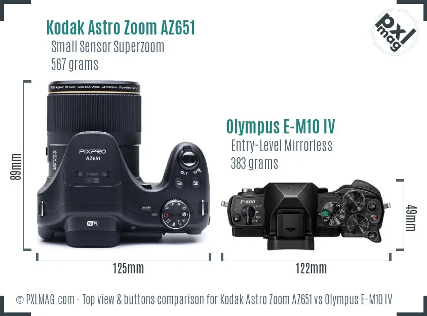 Kodak Astro Zoom AZ651 vs Olympus E-M10 IV top view buttons comparison