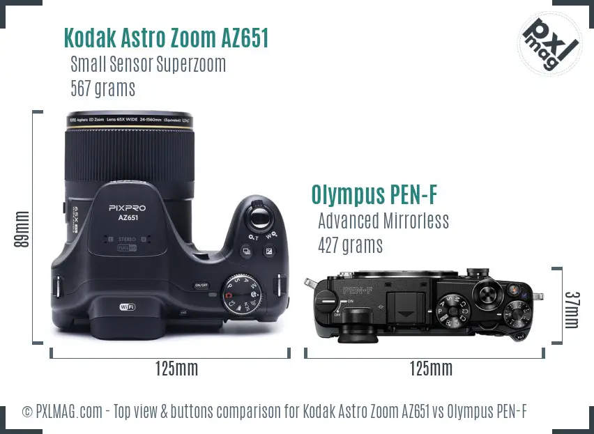 Kodak Astro Zoom AZ651 vs Olympus PEN-F top view buttons comparison