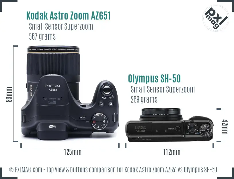 Kodak Astro Zoom AZ651 vs Olympus SH-50 top view buttons comparison