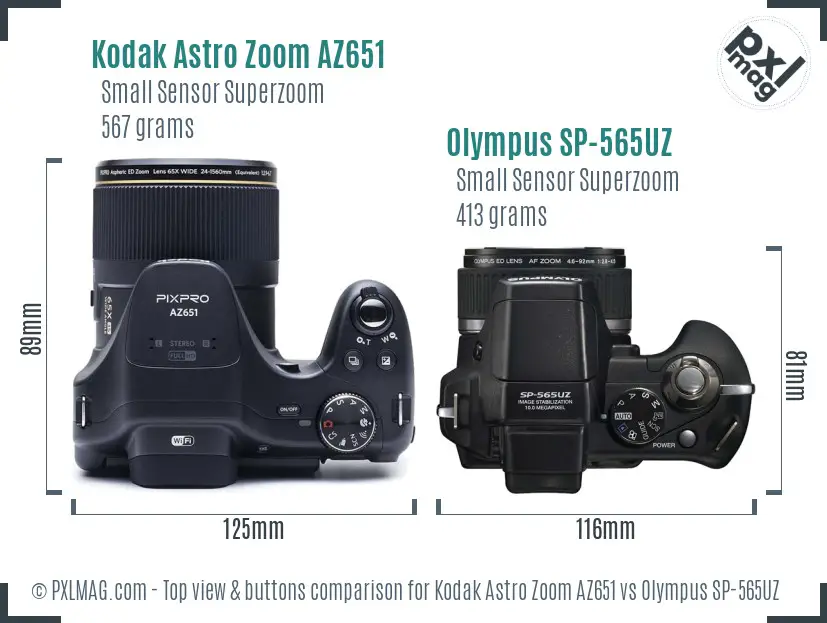 Kodak Astro Zoom AZ651 vs Olympus SP-565UZ top view buttons comparison Kodak Astro Zoom AZ651 vs Olympus SP-565UZ top view buttons comparison