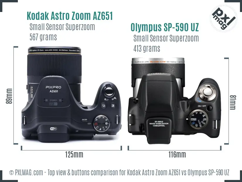 Kodak Astro Zoom AZ651 vs Olympus SP-590 UZ top view buttons comparison Kodak Astro Zoom AZ651 vs Olympus SP-590 UZ top view buttons comparison
