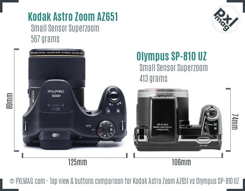 Kodak Astro Zoom AZ651 vs Olympus SP-810 UZ top view buttons comparison Kodak Astro Zoom AZ651 vs Olympus SP-810 UZ top view buttons comparison