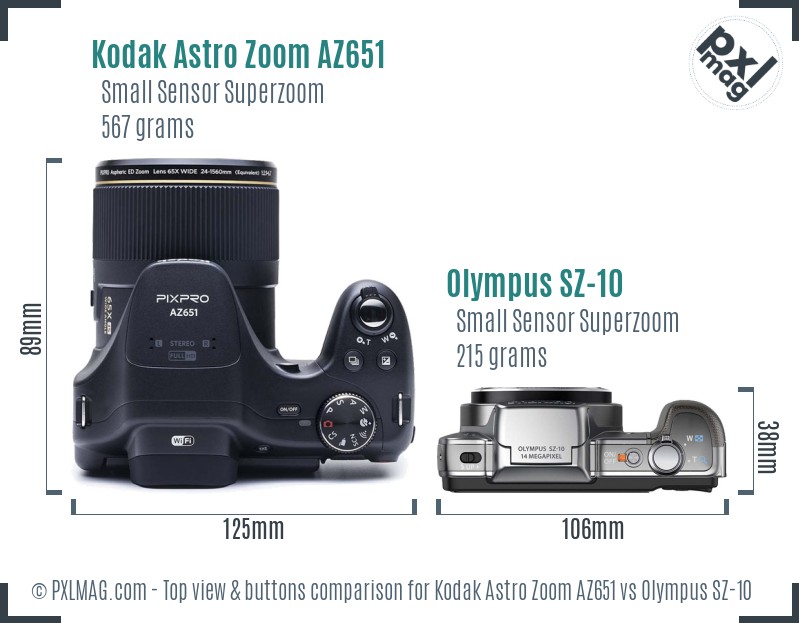 Kodak Astro Zoom AZ651 vs Olympus SZ-10 top view buttons comparison