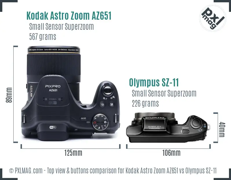 Kodak Astro Zoom AZ651 vs Olympus SZ-11 top view buttons comparison