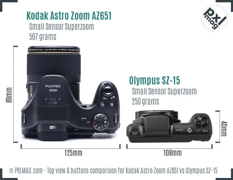 Kodak Astro Zoom AZ651 vs Olympus SZ-15 top view buttons comparison