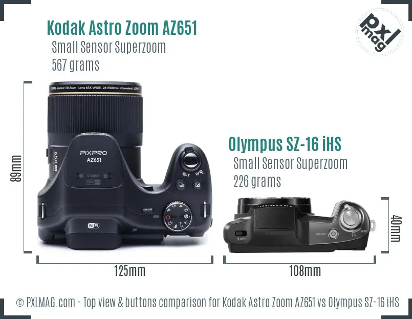 Kodak Astro Zoom AZ651 vs Olympus SZ-16 iHS top view buttons comparison